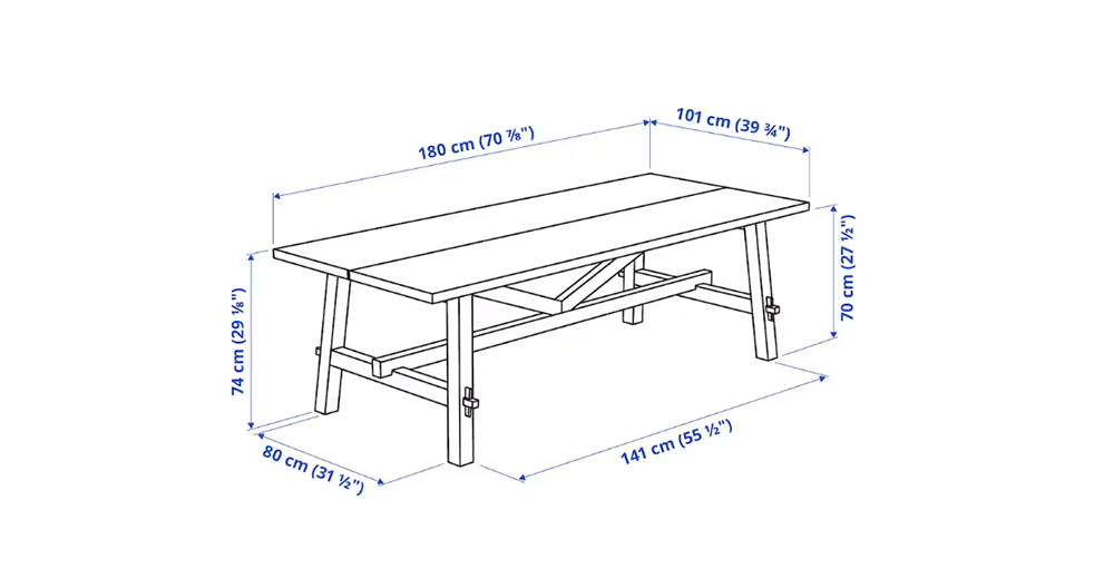 ダイニングテーブル探し－おしゃれで北欧風な６人掛けのikea「SKOGSTA(スコグスタ)」のサイズ１８０×１０１×７４cm