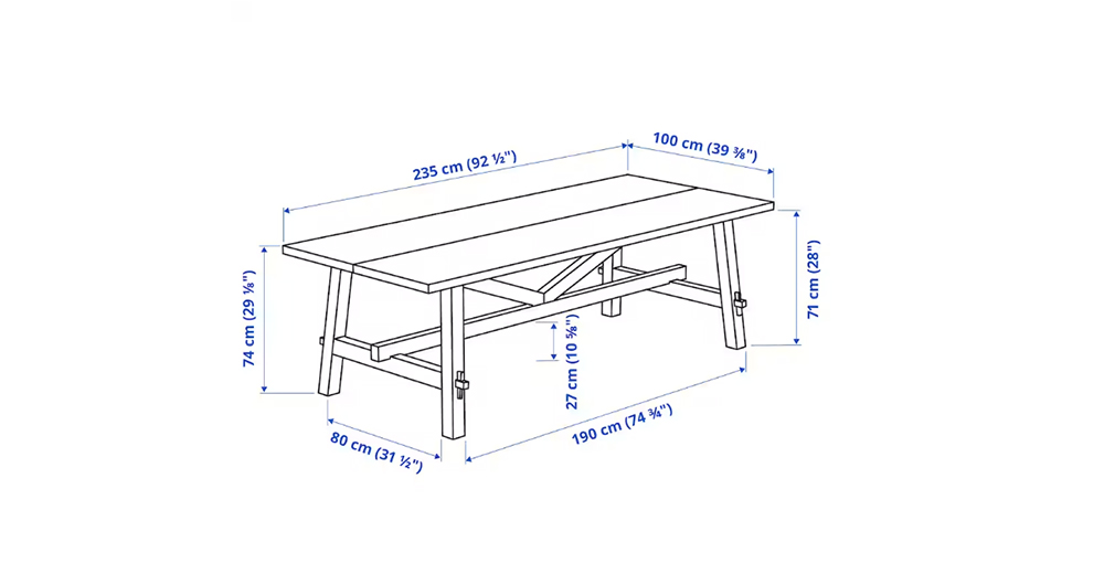 ダイニングテーブル探し－おしゃれで北欧風な６人掛けのikea「SKOGSTA(スコグスタ)」のサイズ２３５×１００×７３cm